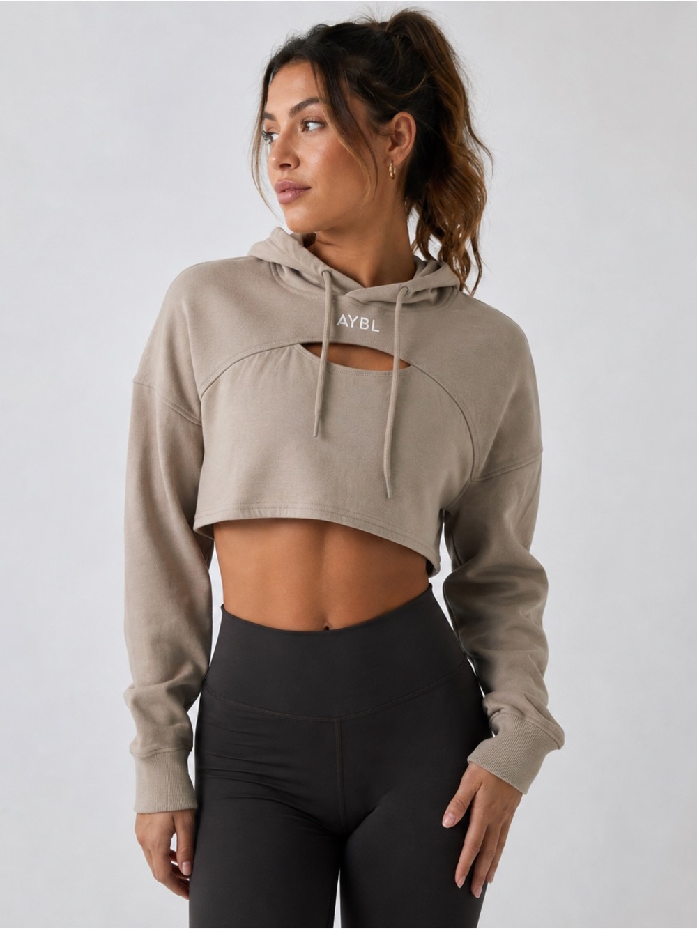 AYBL Taupe Cropped Hoodie with Front Keyhole
